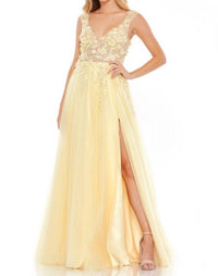 MAC DUGGAL Embellished Illusion Bustier A Line Gown in yellow - women's dress