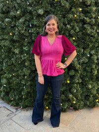Voy - Deep V Puff Sleeve Peplum Top