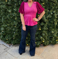 Voy - Deep V Puff Sleeve Peplum Top
