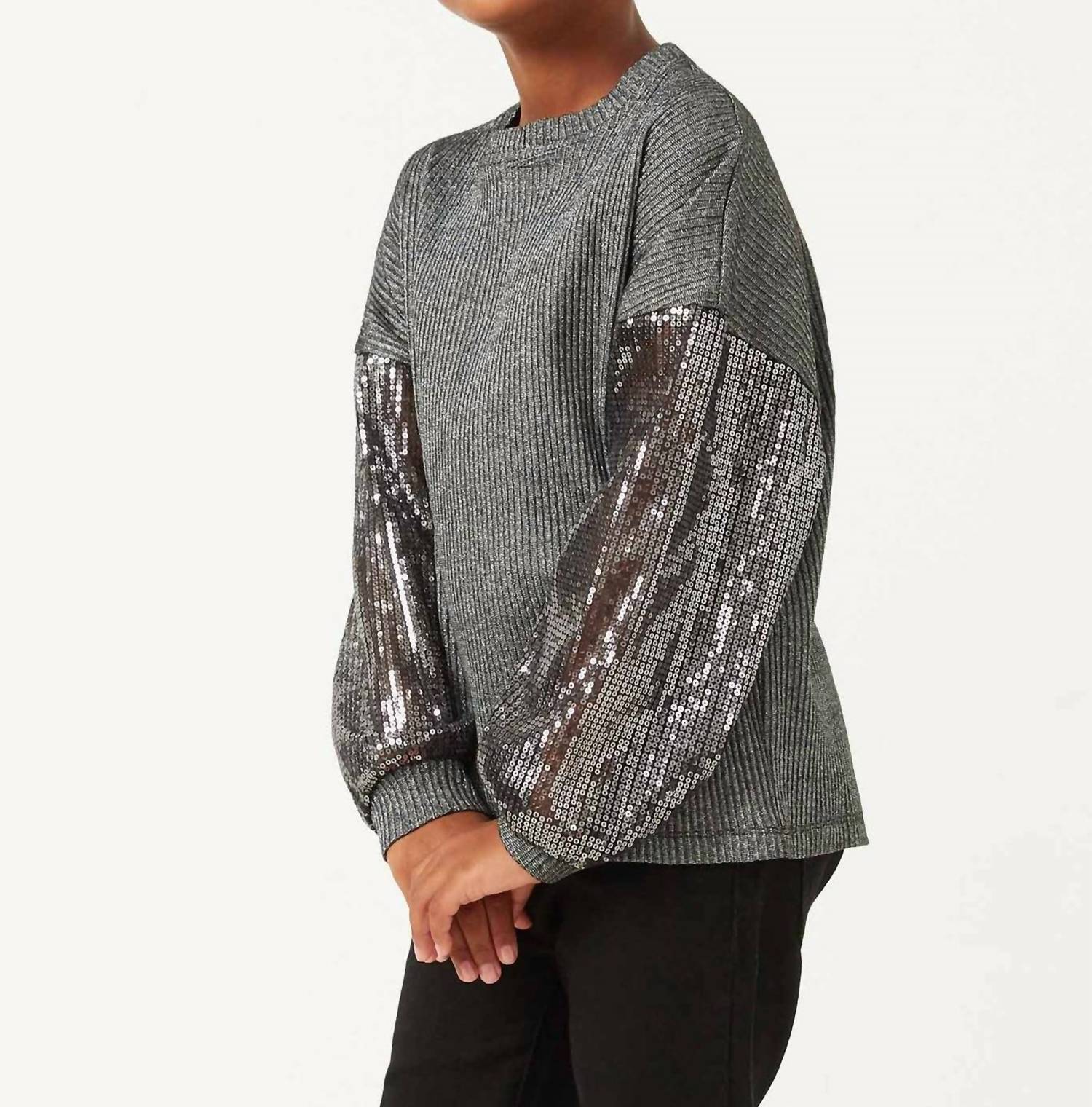Hayden La - Sequin Sleeve Metallic Rib Long Sleeve Top