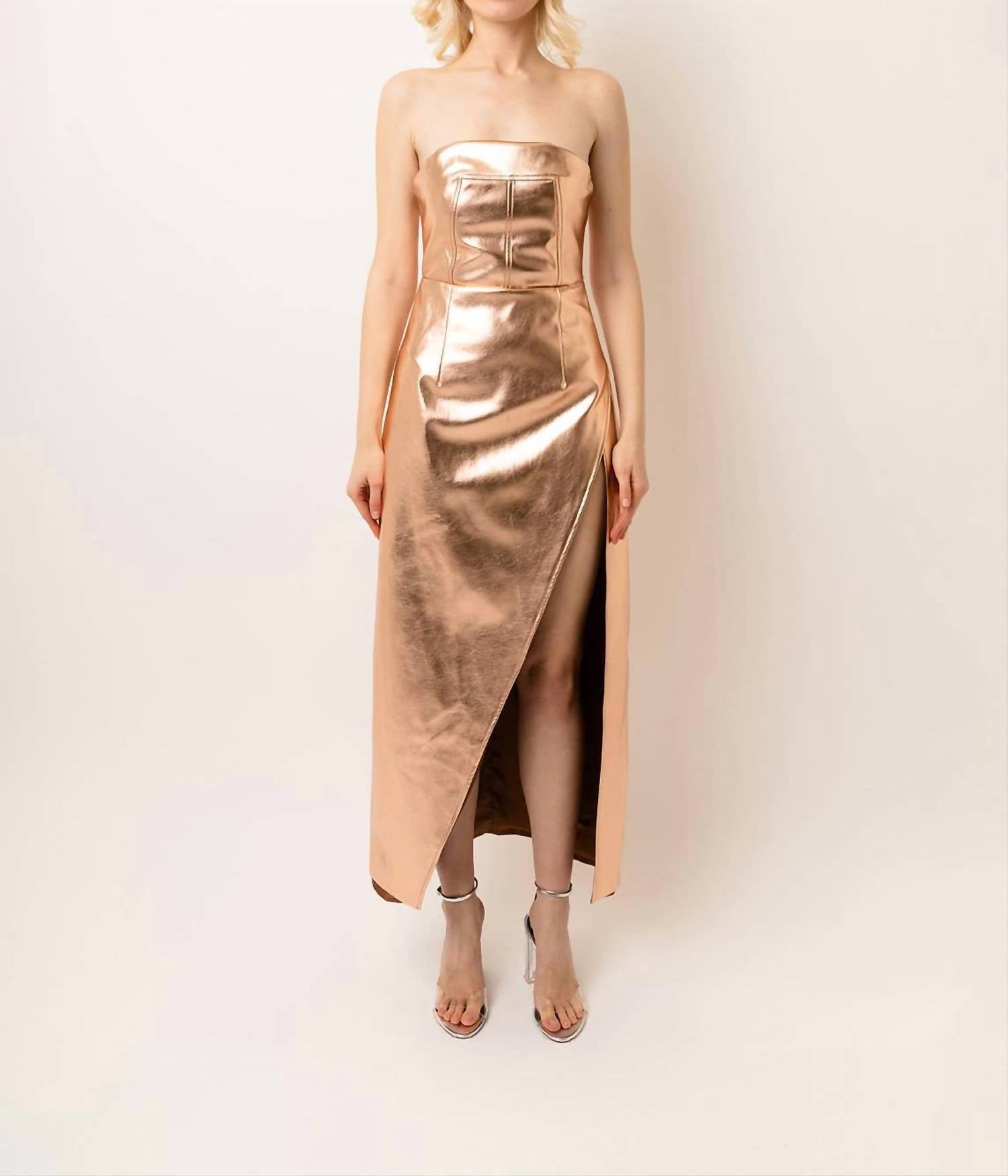Amylynn - Girelle Faux Leather Rear Zip Bandeau Maxi Dress