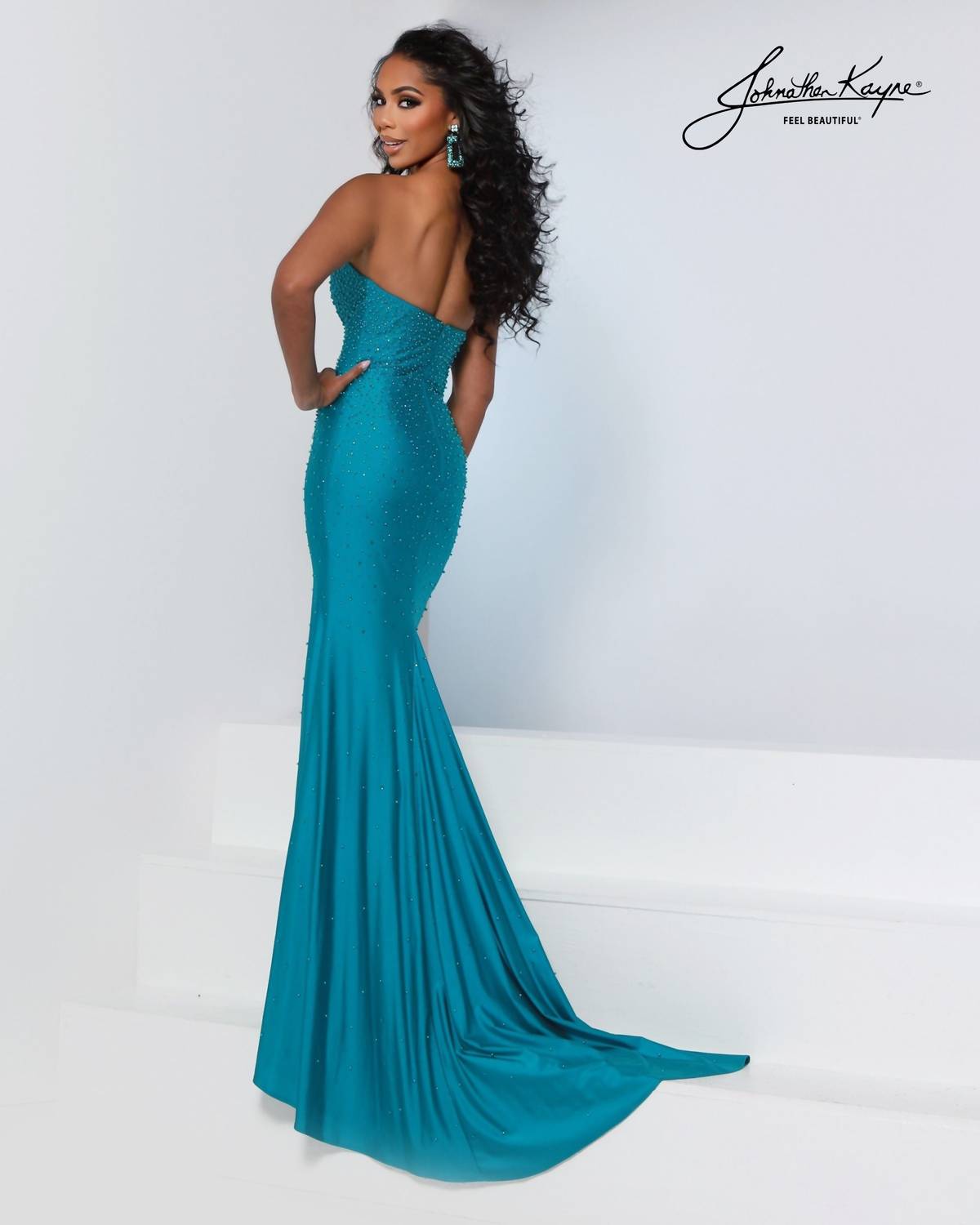 Johnathan Kayne Refined Asymmetrical Neck Gown in teal - women's dress - alternate view
