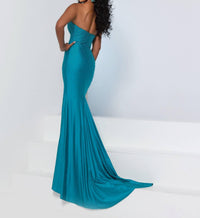Johnathan Kayne Refined Asymmetrical Neck Gown in teal - women's dress - detail view