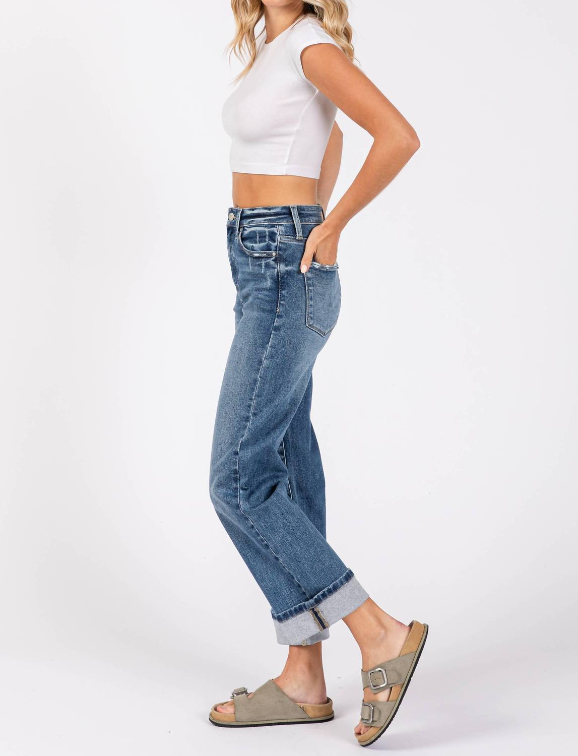 Petra153 - High Rise Stretch Relaxed Straight With Cuffed Hem Jeans