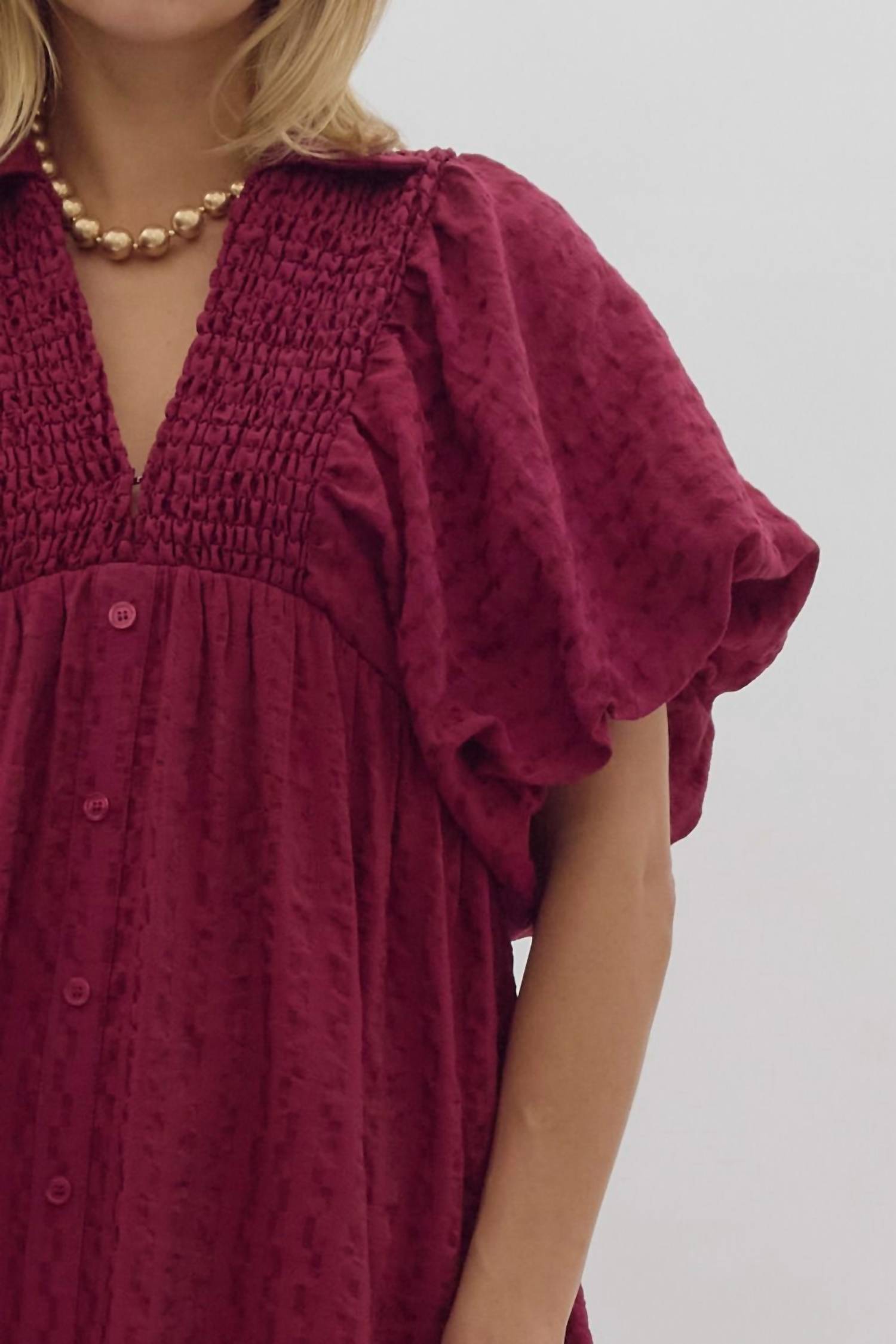 Entro - Textured Puff Sleeve Midi Dress
