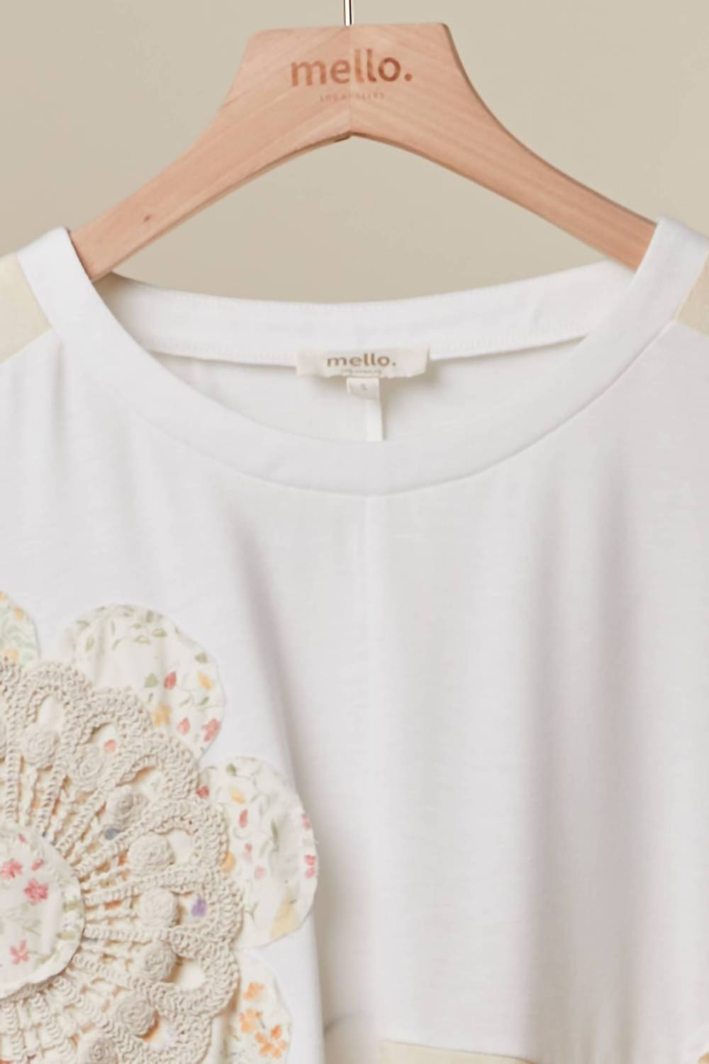 Mello Oversized Embroidered Crochet Patch Work Top in cream - women's t-shirt - alternate view
