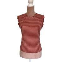 LA MIEL Boho Ribbed Ruffle Trim Striped Tank Top in terracotta rust white stripes - women's tank top - alternate view
