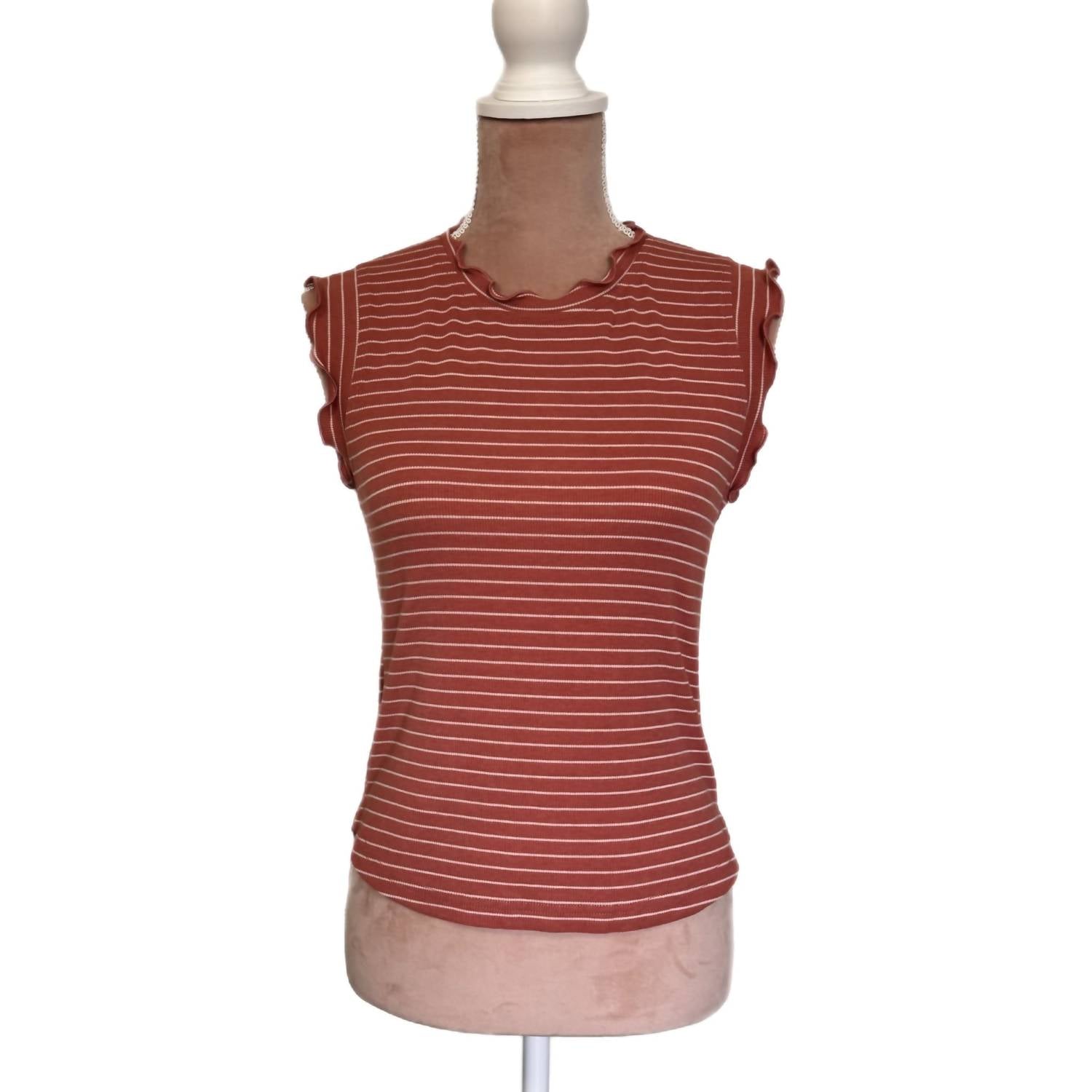LA MIEL Boho Ribbed Ruffle Trim Striped Tank Top in terracotta rust white stripes - women's tank top - alternate view
