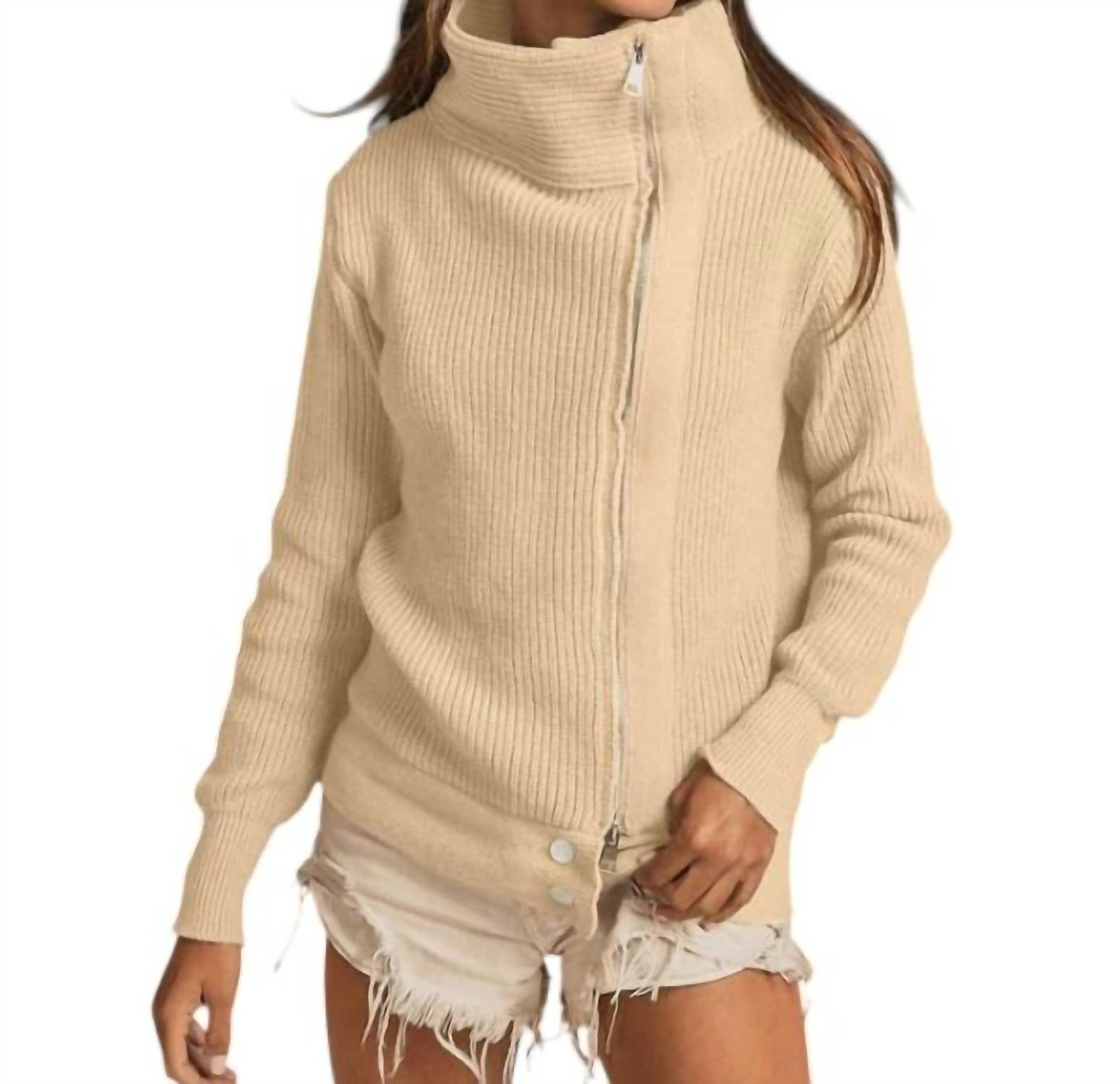 Bibi - Front Zip Up High Neck Sweater Jacket