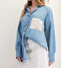 Easel - Mixed Patchwork Washed Chambray Button Down Shirt