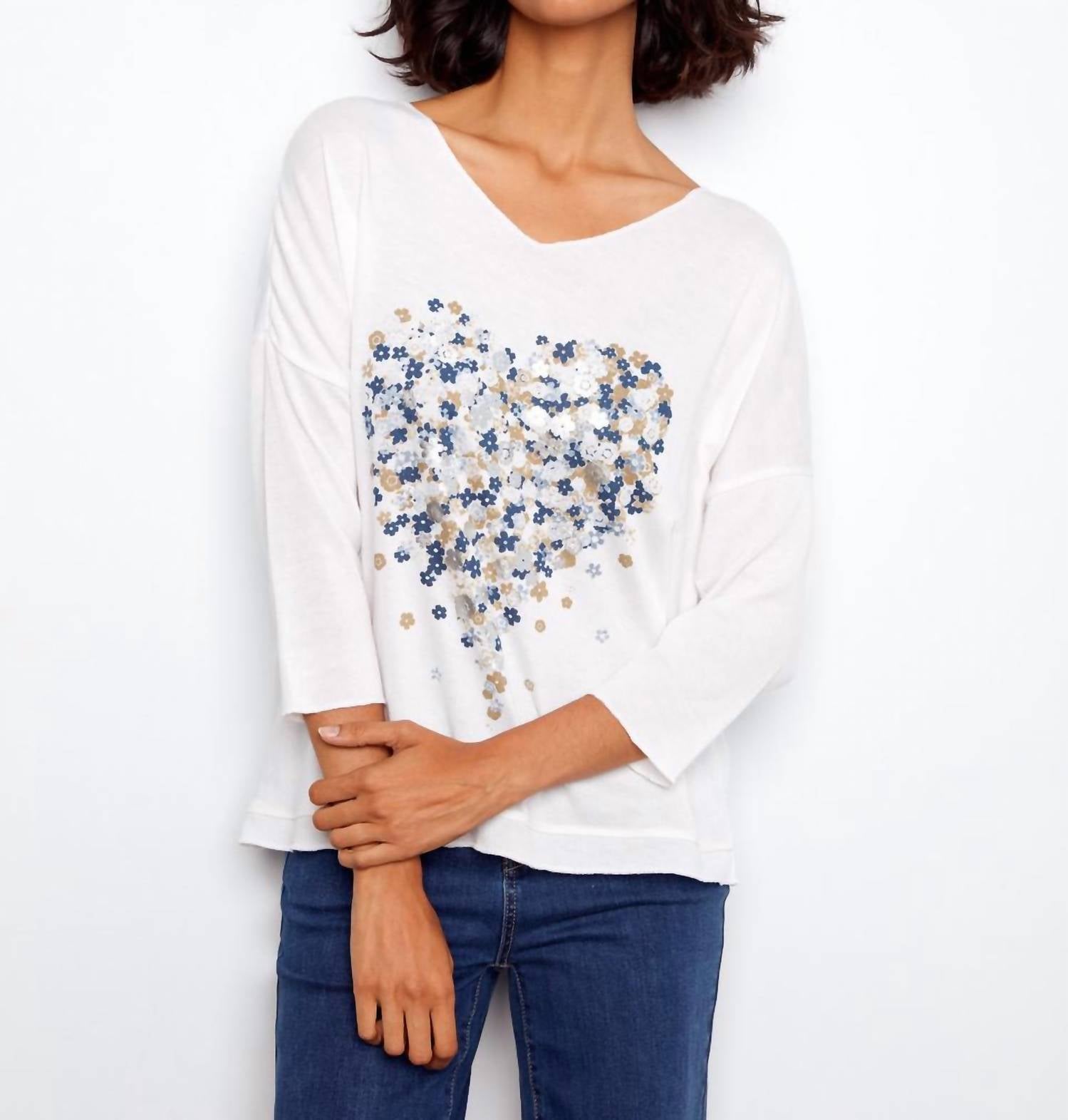 CHARLIE B Jersey V-neck 3/4 Sleeve Printed Top in hearts - women's blouse - alternate view