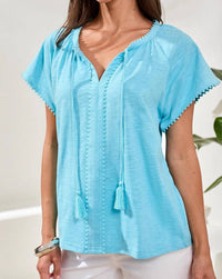 TRIBAL Cotton Slub Split Neck Tassel Top in blue - women's blouse - detail view