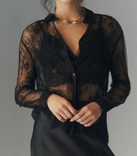 En Saison Darcy Long-sleeve Sheer Lace Button Down Top in black 1 - women's blouse