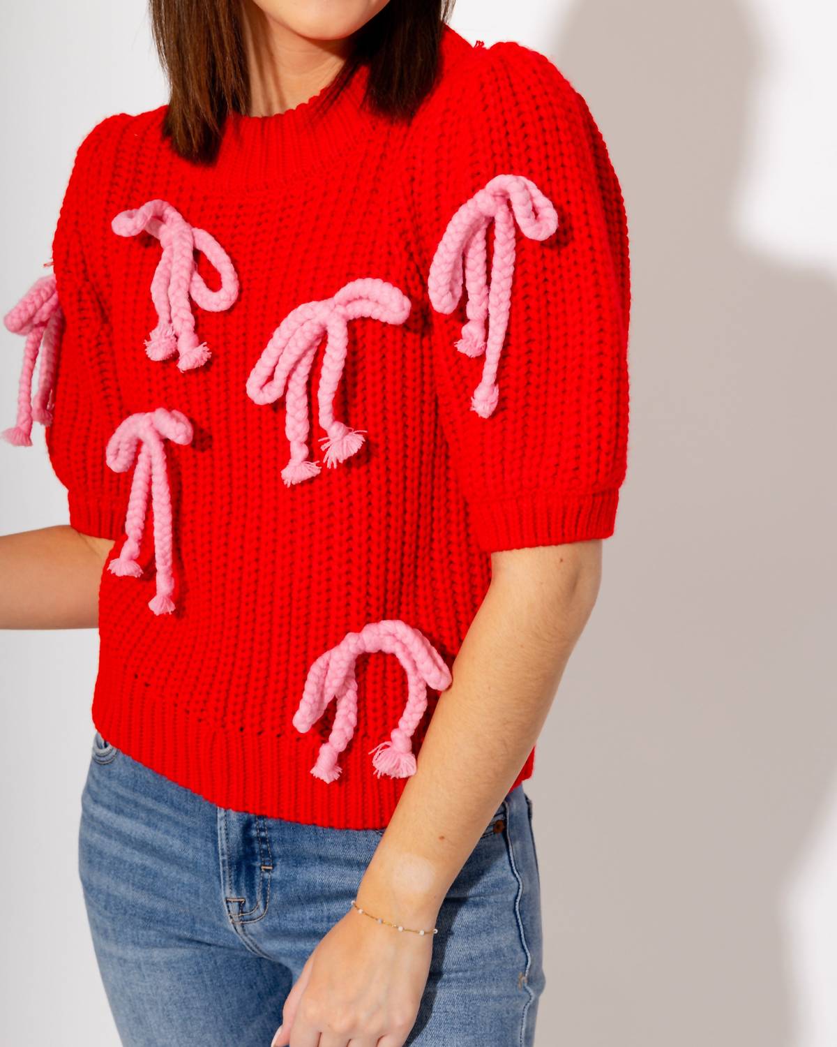 English Factory Braided Ribbon Bow Knit Top in red - women's t-shirt - view 5