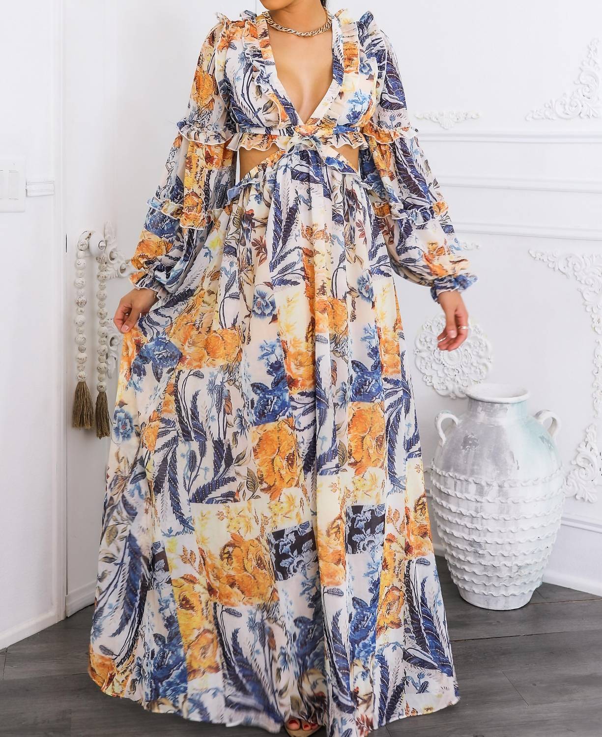 SurelyMine Boho Floral Cutout Lace-up Maxi Dress in cream - women's dress - view 5