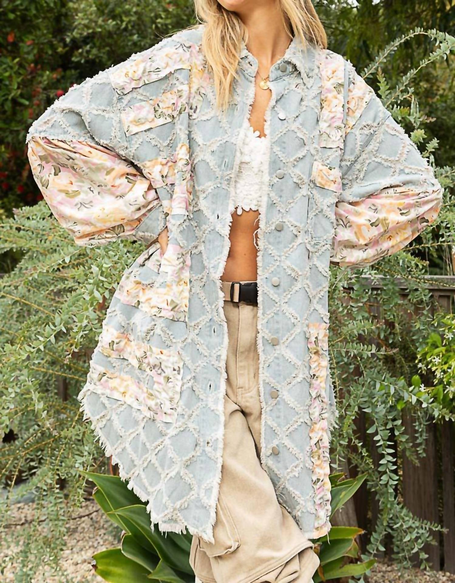 Pol - Floral Print Frayed Texture Denim Shacket