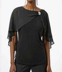 Joseph Ribkoff - Rhinestone Brooch Chiffon Cape Overlay Top