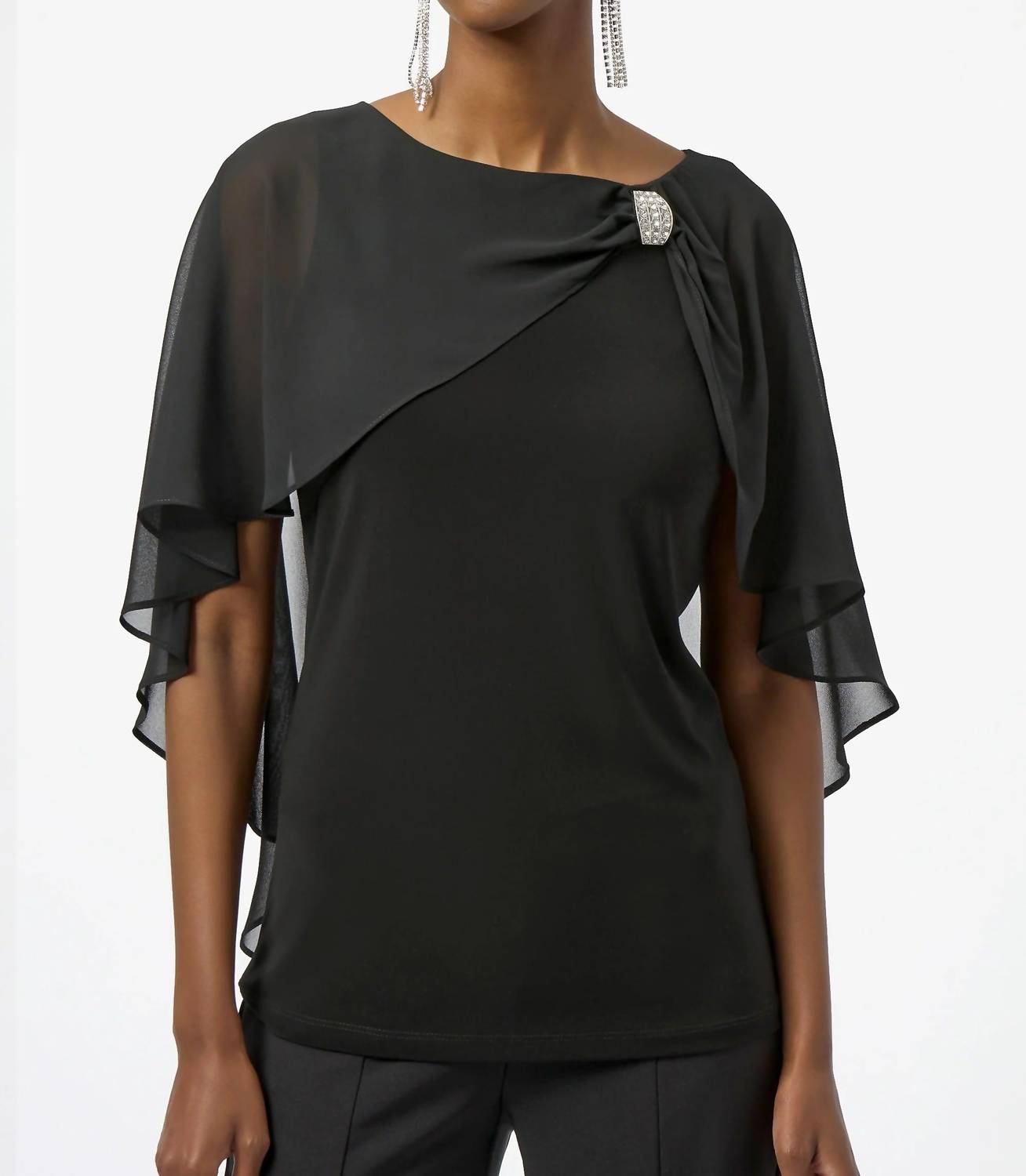 Joseph Ribkoff - Rhinestone Brooch Chiffon Cape Overlay Top