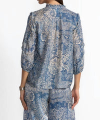 Johnny Was Zeeland Silk Blouse in denim print - women's blouse - detail view