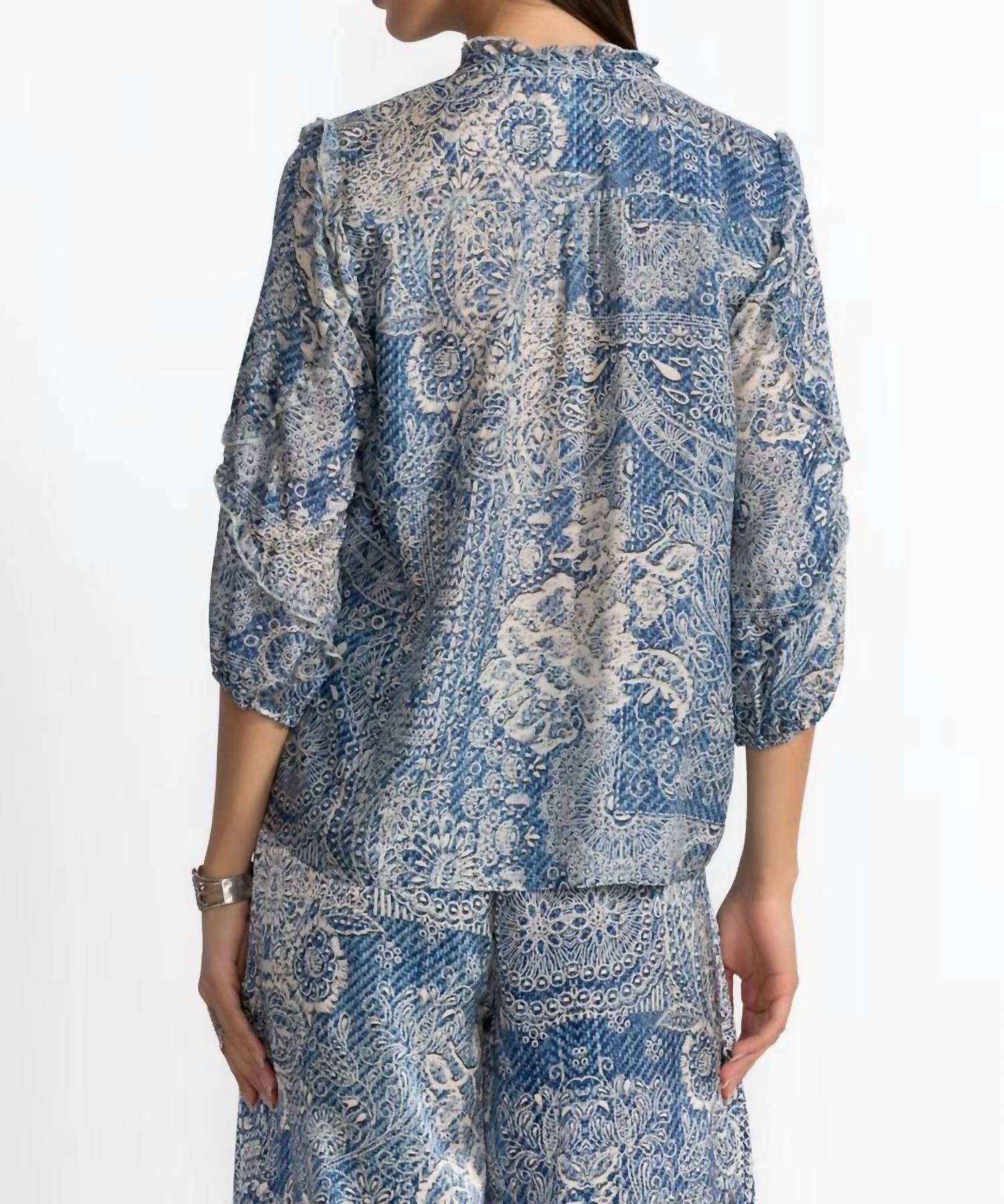 Johnny Was Zeeland Silk Blouse in denim print - women's blouse - detail view