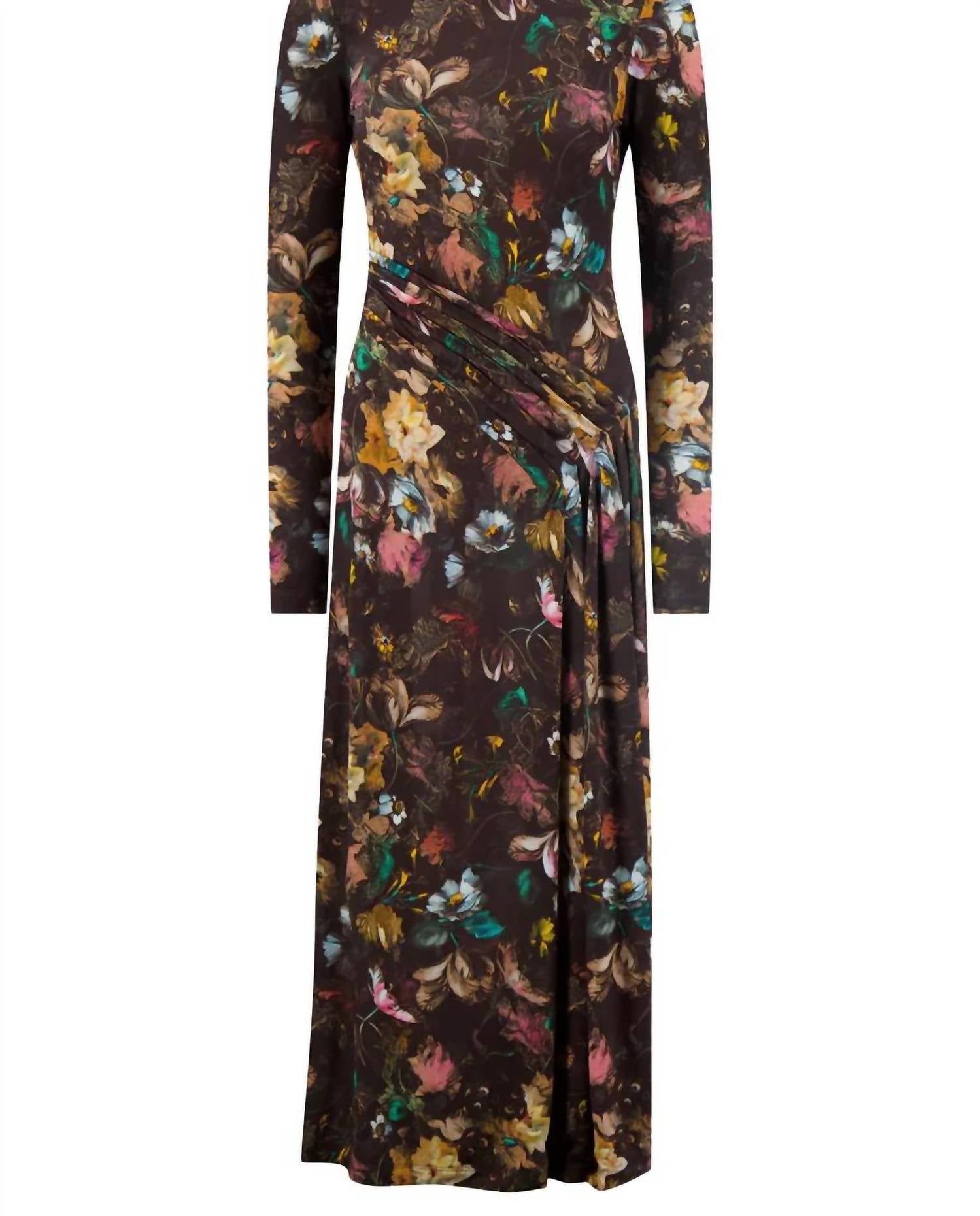 Lela Rose - Floral Printed Jersey Long Sleeve Draped Front Dress