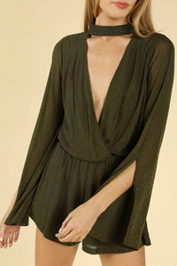 Honey Punch - Shimmering Long Sleeve Wrap Romper
