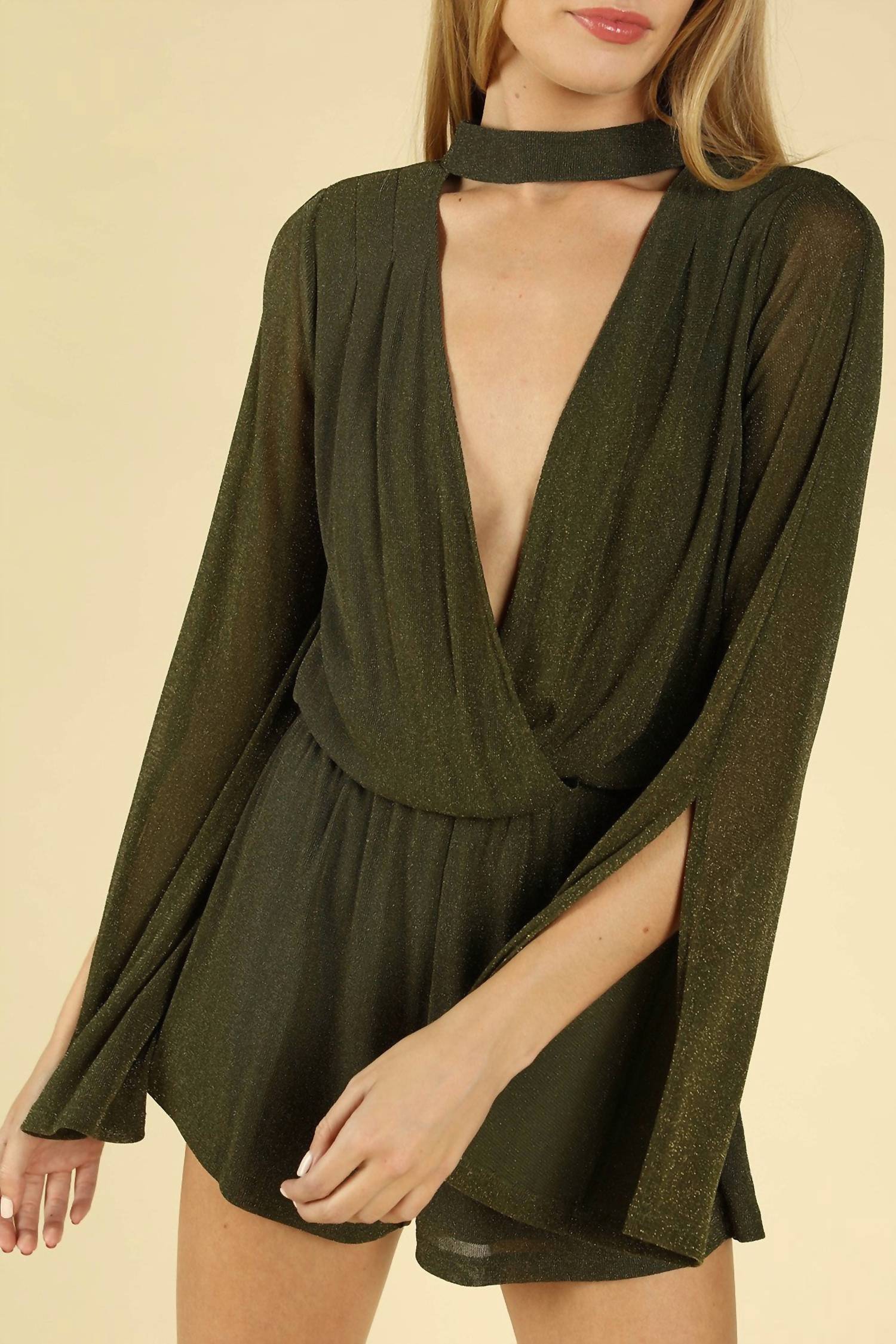 Honey Punch - Shimmering Long Sleeve Wrap Romper