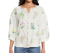 John Mark - Woven Embroidered Split V-neck 3/4 Blouson Sleeve Top