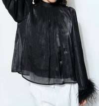 Skies Are Blue - Delphine Metallic Shimmer Bow Tie Feather Hem Blouse Top