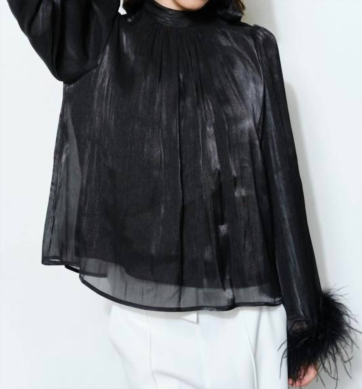 Skies Are Blue - Delphine Metallic Shimmer Bow Tie Feather Hem Blouse Top