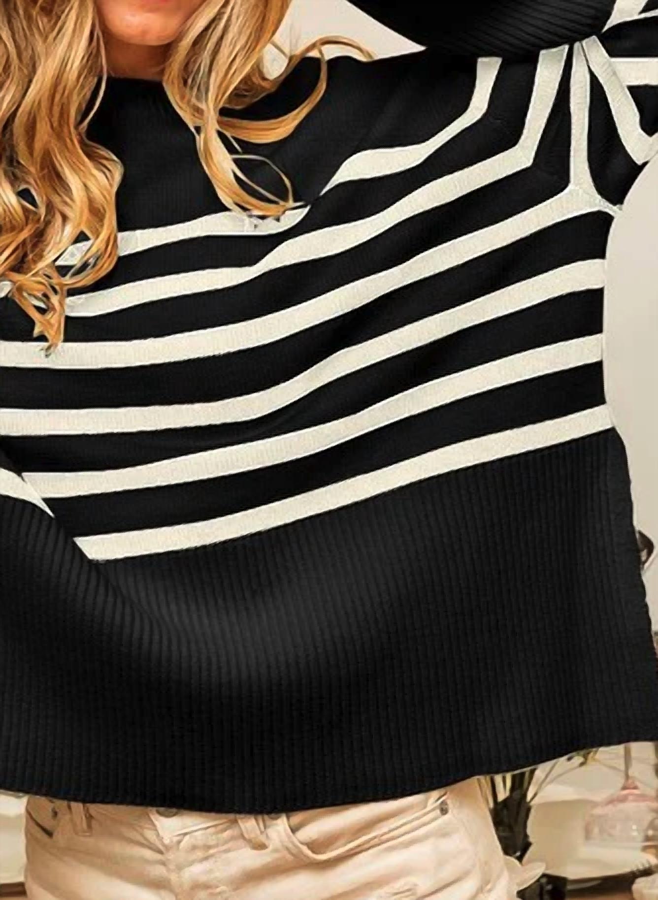 La Miel - Super Soft Striped Mock Neck Loose Fit Sweater