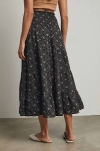 WISHLIST Floral Tiered Front Slit Midi Skirt in black mocha - women's skirt - detail view