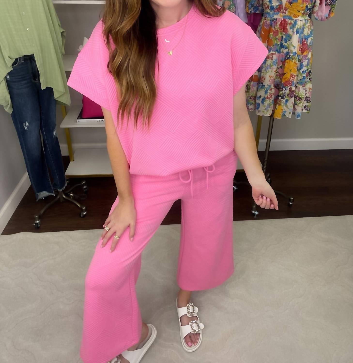 SEE AND BE SEEN Call My Jet Textured Pants in bubble gum - women's pants - detail view
