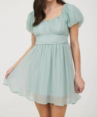 Blu Pepper - Balloon Sleeve Ruffle Trim Back Lace Up Mini Dress
