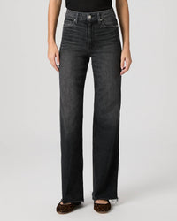 Paige Anessa High Rise Wide Leg Jeans With Raw Hem in viper black distressed - women's jeans - detail view