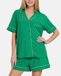 Zenana - Button Down Short Sleeve Top And Shorts Lounge Set