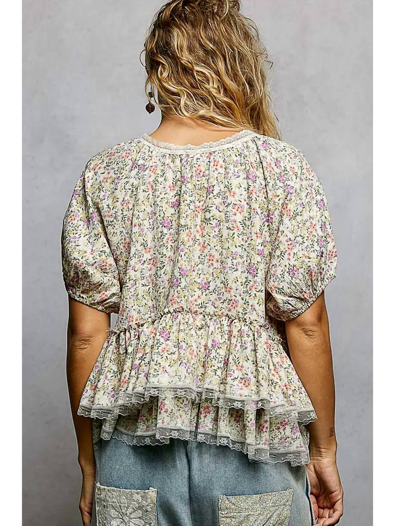Pol - Neck Loop Floral Ruffle Top