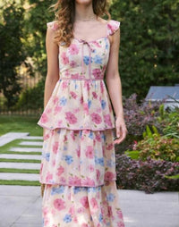 In February - Floral Midi Dress With Ruffled Straps