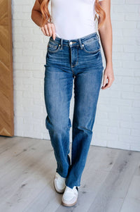 Judy Blue - Mid Rise Tummy Control Vintage Raw Hem Straight Leg Jeans