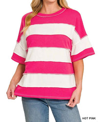 Zenana - Women's French Terry Striped Exposed Seam Top