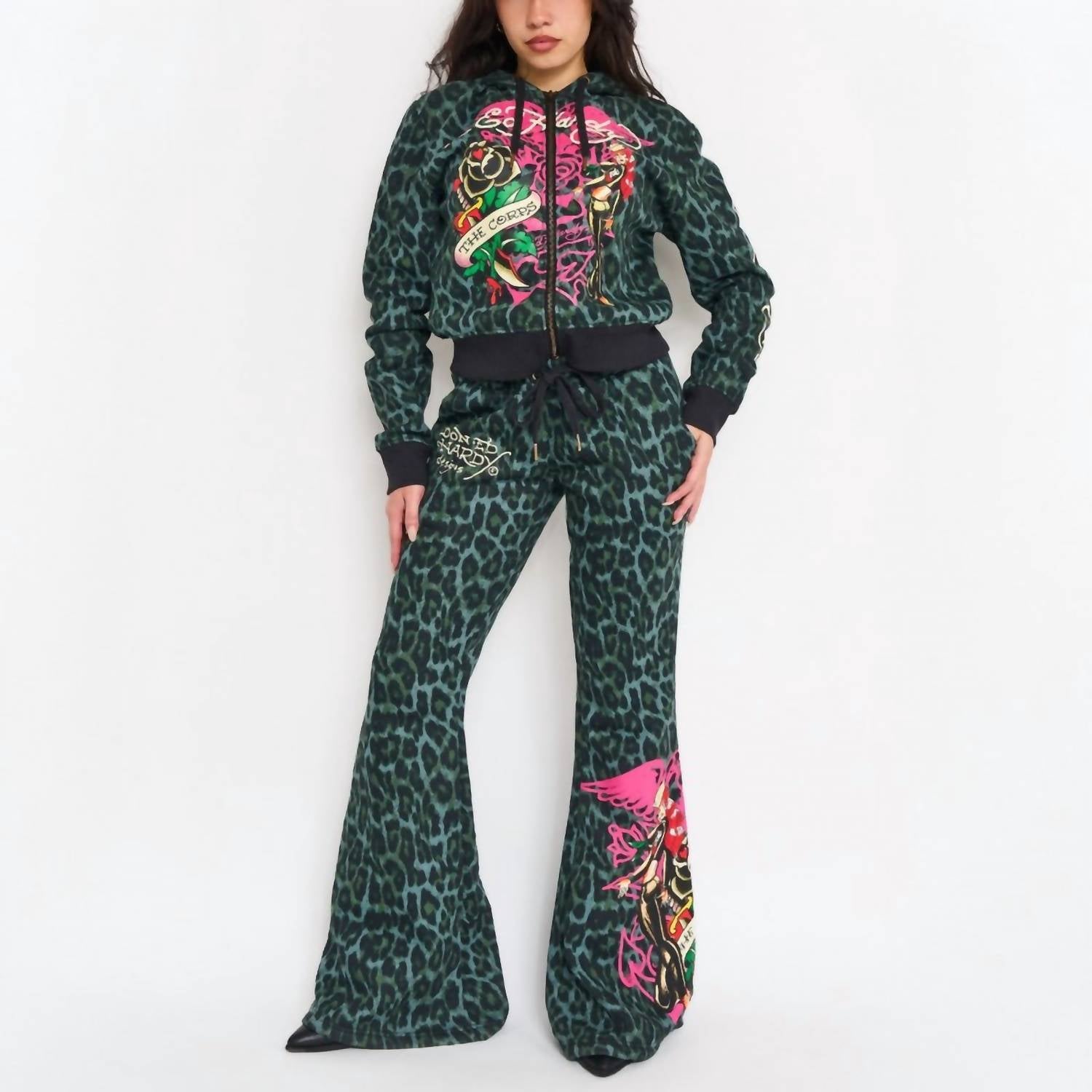 Ed Hardy Anchor Rose Bootcut Sweatpants in green leopard - women's pants