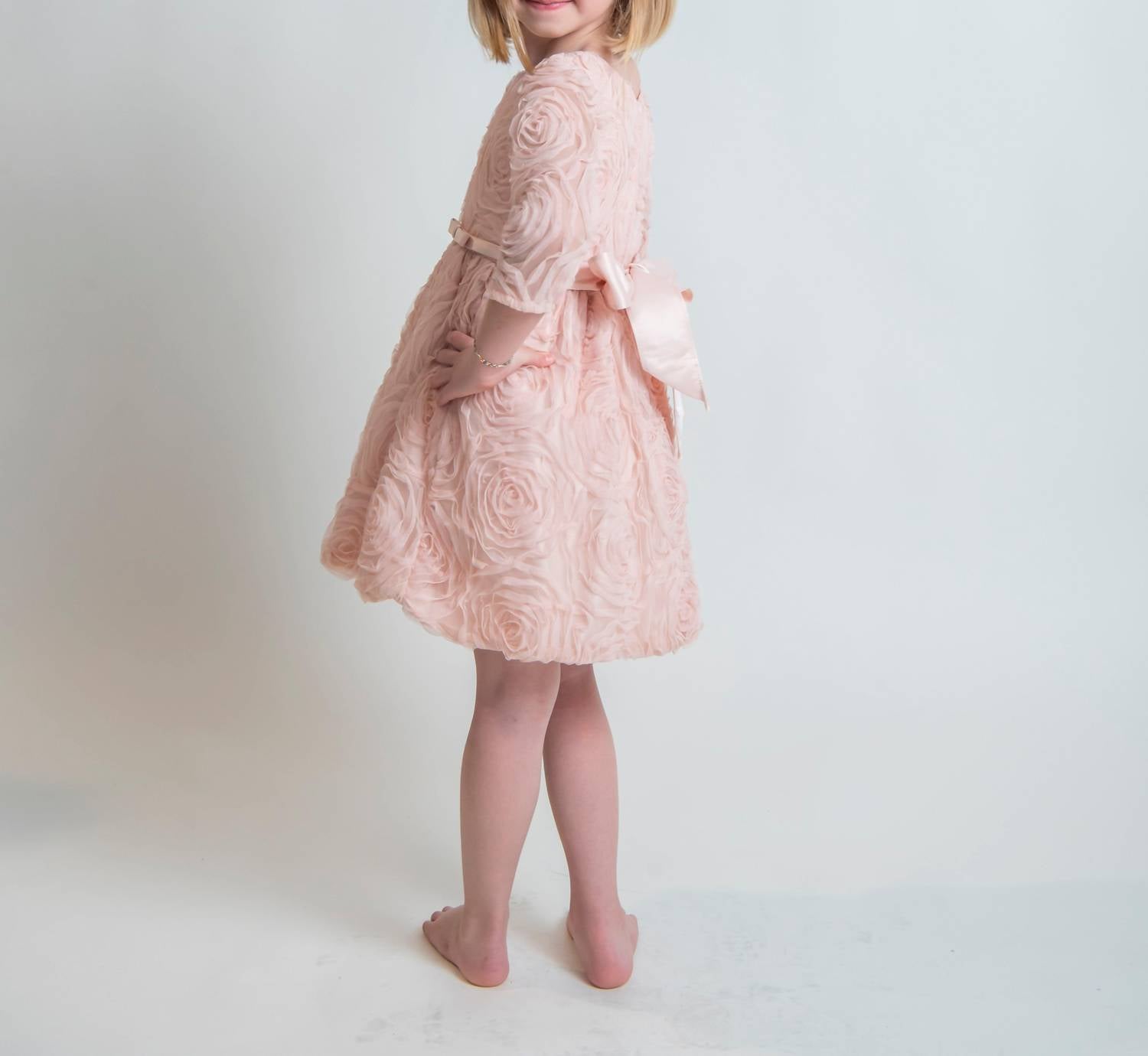 Sweet Kids - Three Quarter Sleeve Rosette Mesh Satin Dress