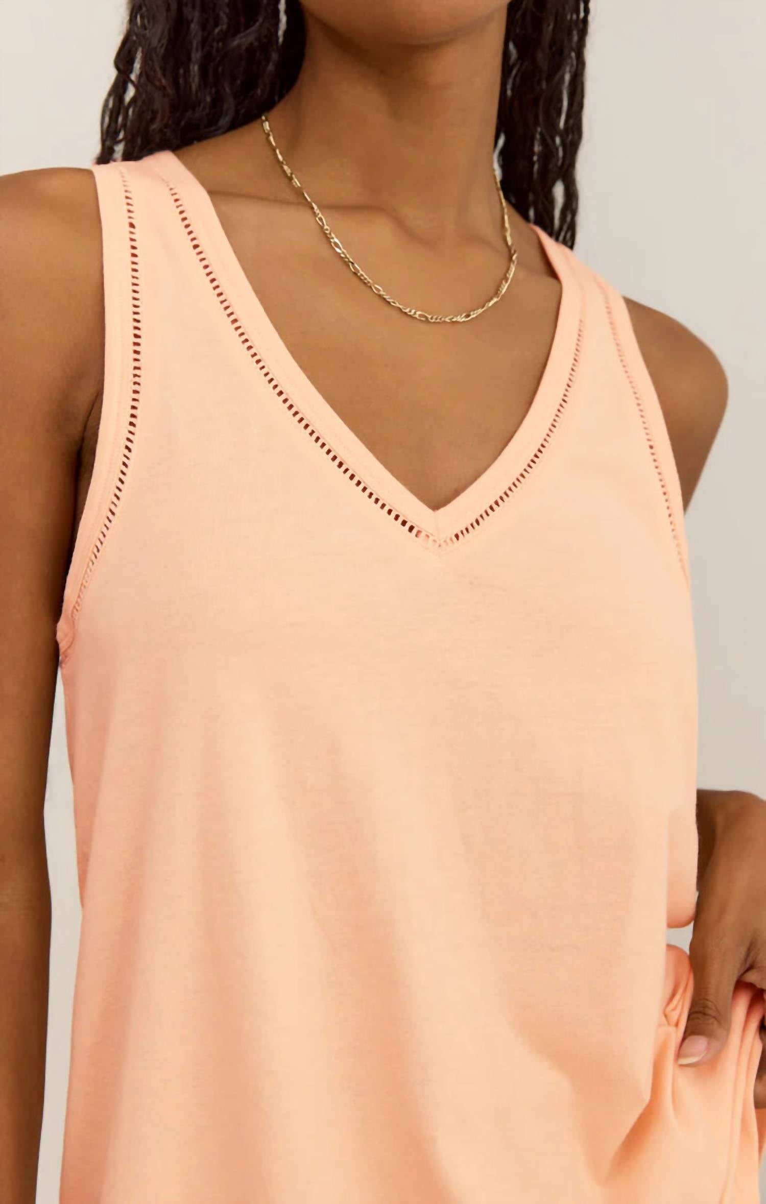 Z Supply Vagabond Lace Trim Tank Top in grapefruit - women's tank top - detail view