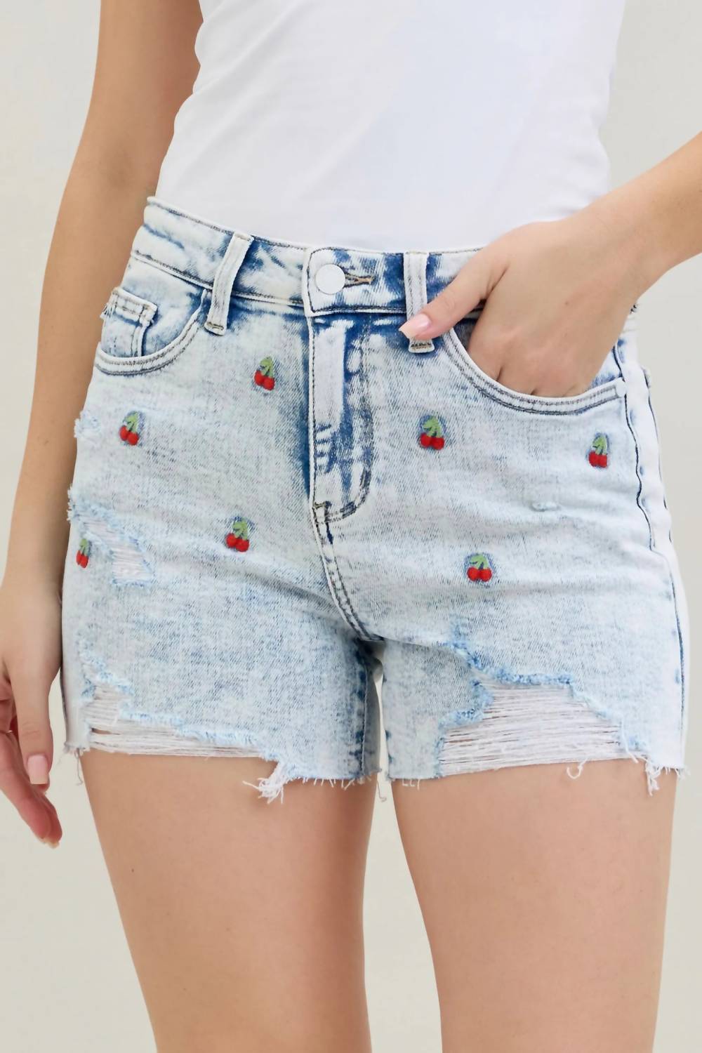 Judy Blue - High Waisted Cherry Embroidery Shorts