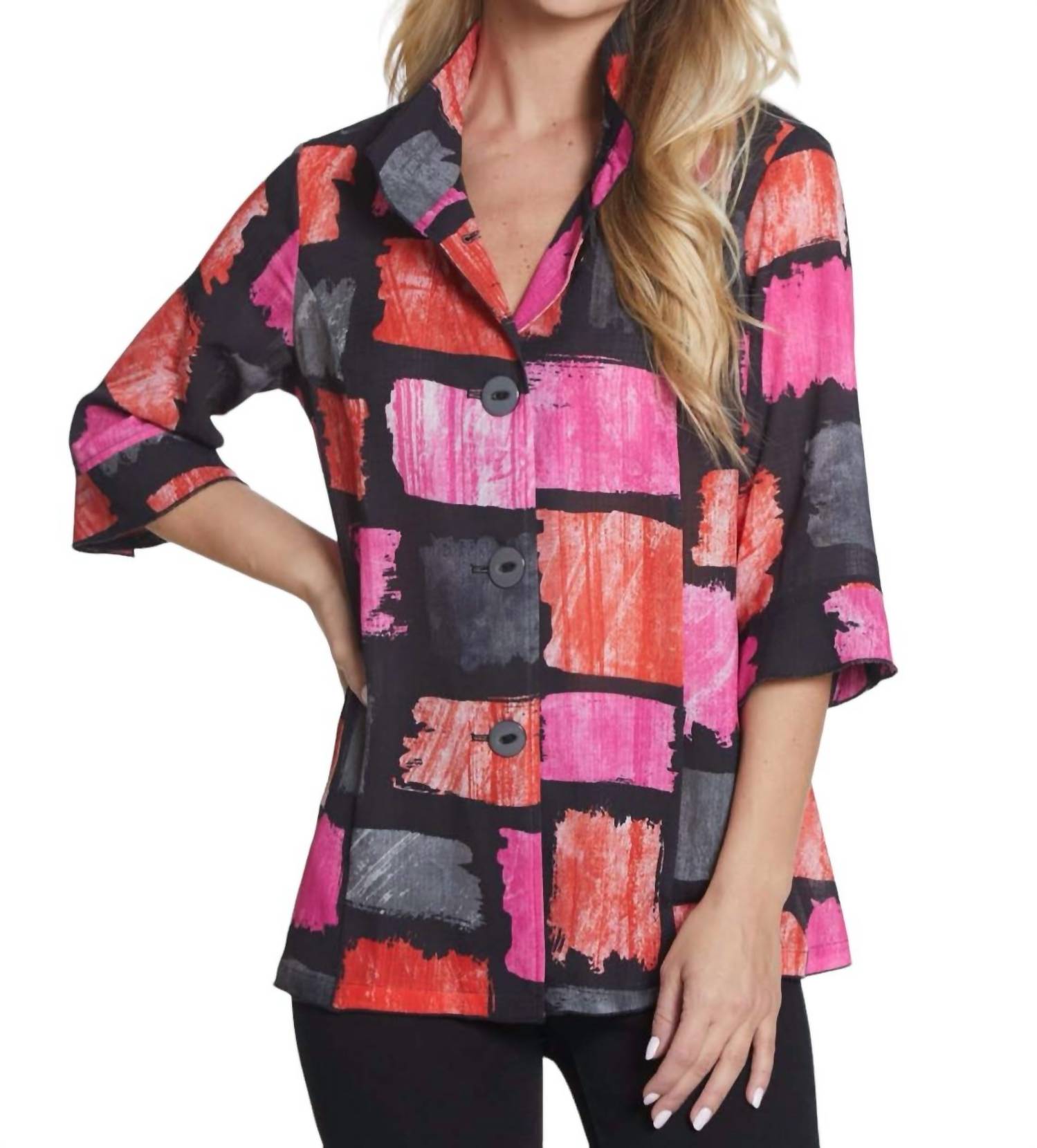 Multiples - 3/4 Sleeve Button Front Print Jacket