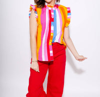 THML Color Pop Stripe Flutter Sleeve Top in sunset - women's blouse