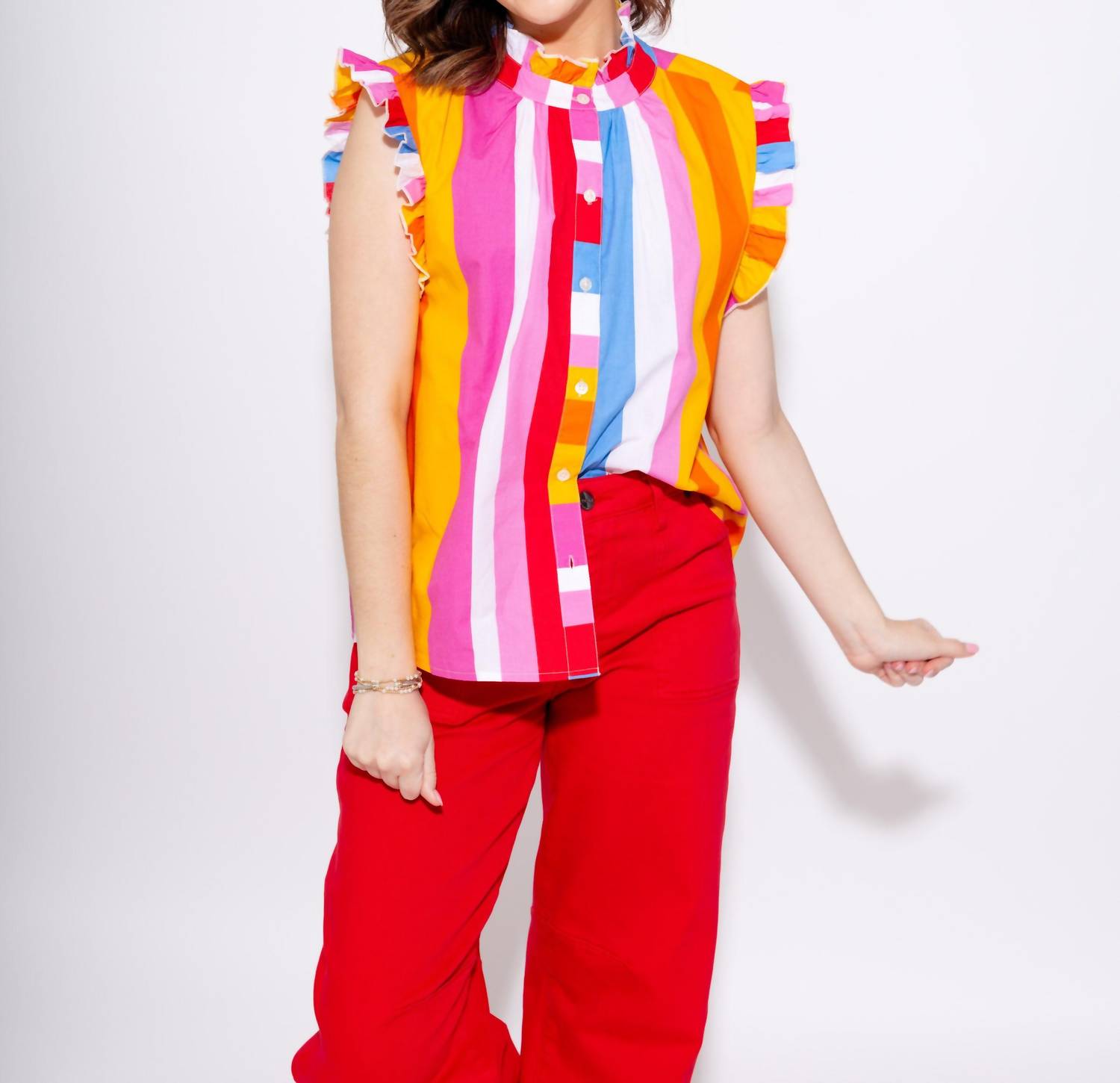 THML Color Pop Stripe Flutter Sleeve Top in sunset - women's blouse