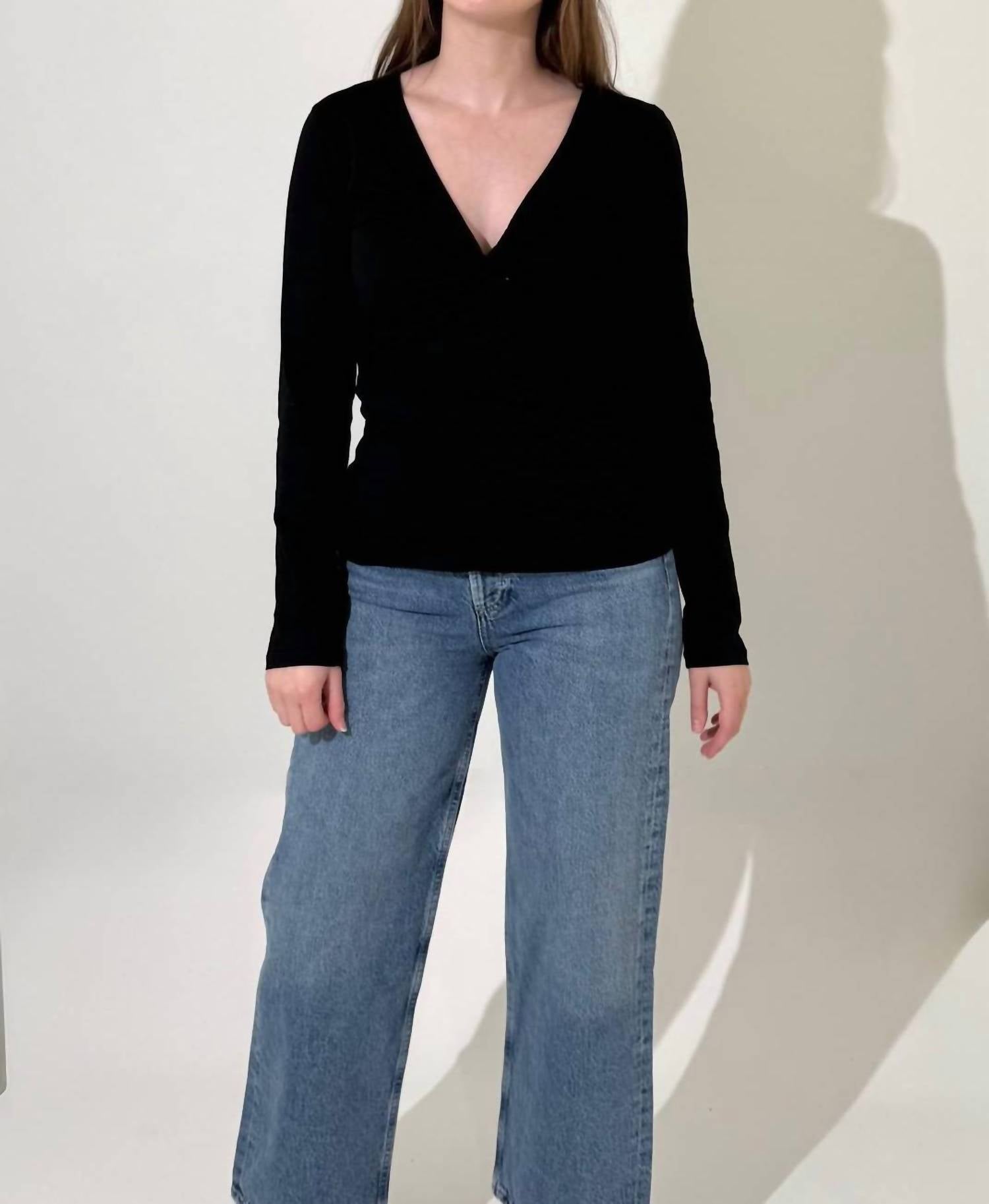 bobi Front Knot Long Sleeve Tee in black - women's long sleeve top
