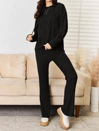 Basic Bae - Full Size Ribbed Drawstring Hooded Top And Straight Pants Set