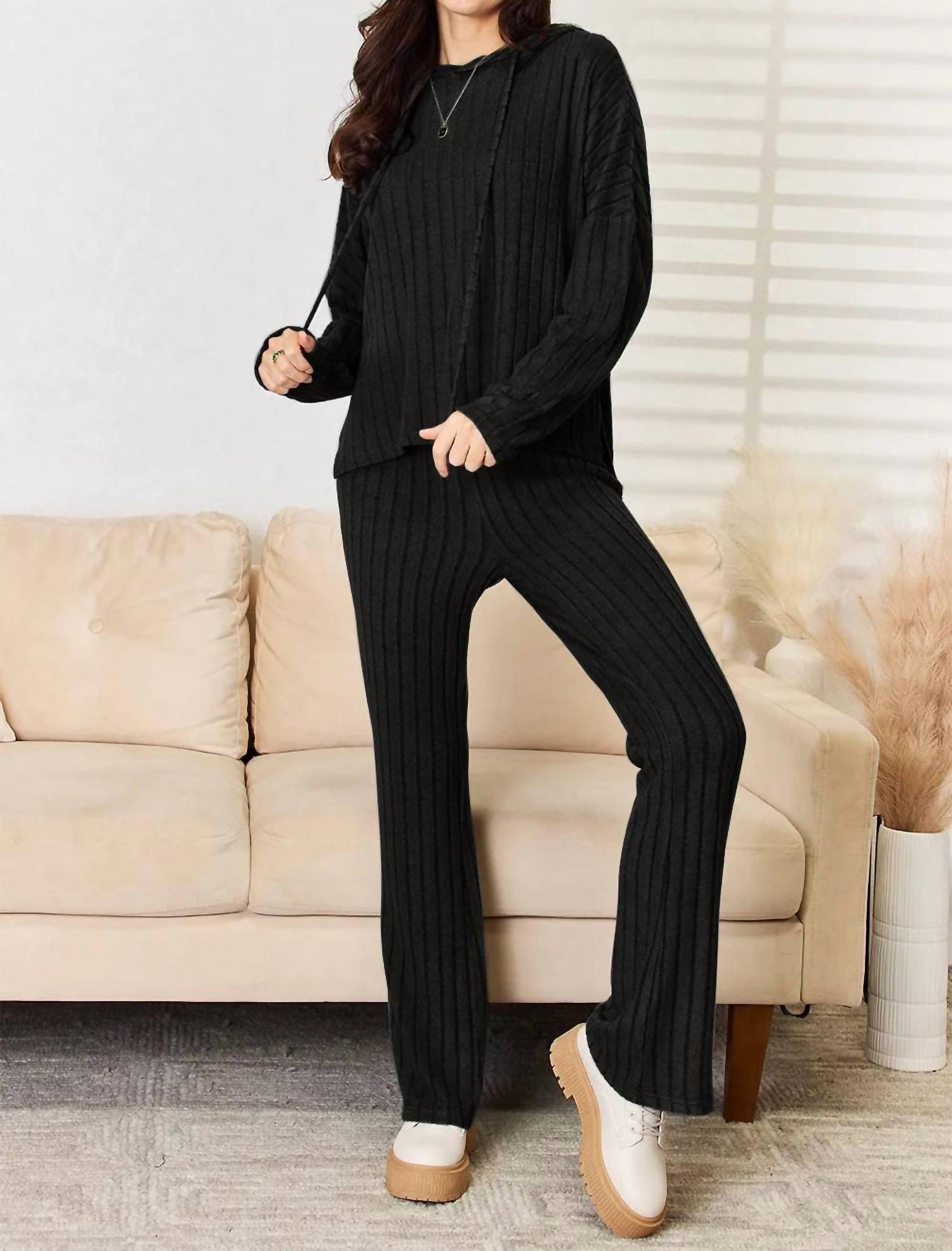 Basic Bae - Full Size Ribbed Drawstring Hooded Top And Straight Pants Set
